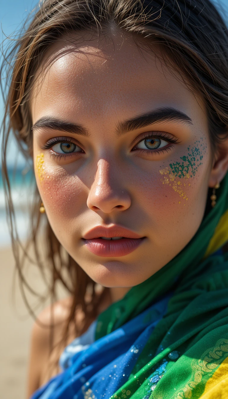Woman on a beach with Brazil flag body paint