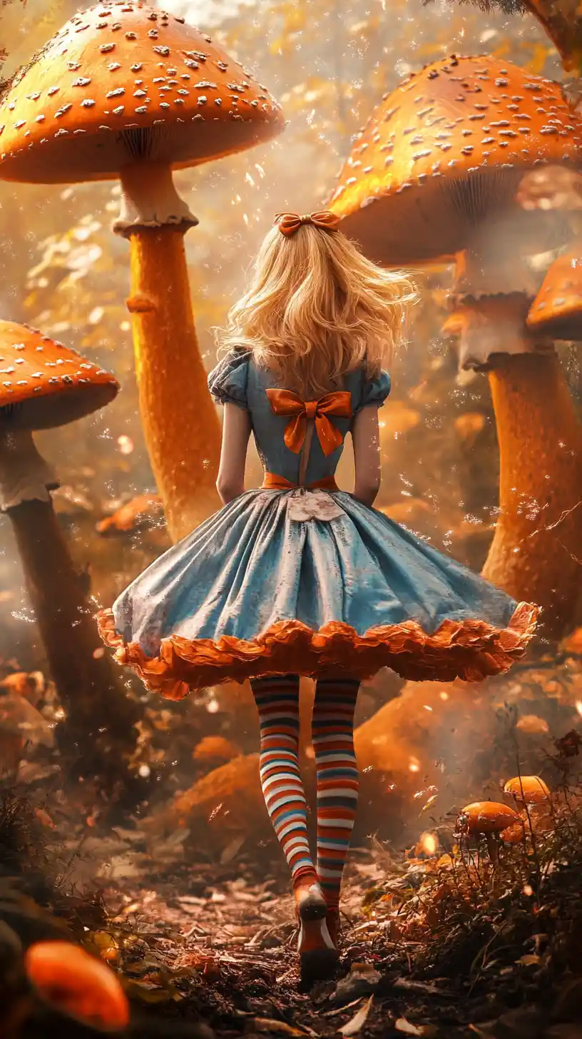 Fantasy girl in glowing mushroom forest at golden hour