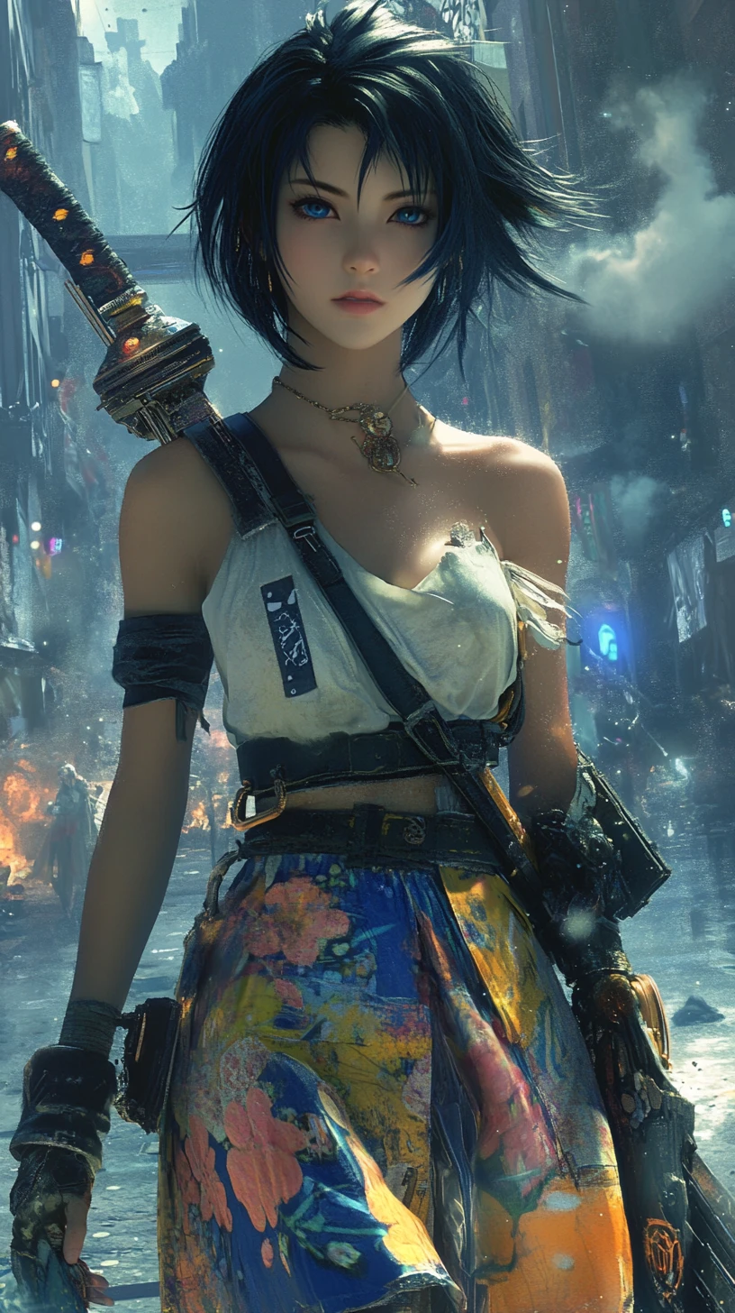 Defiant summoner woman in a ruined blue lit city