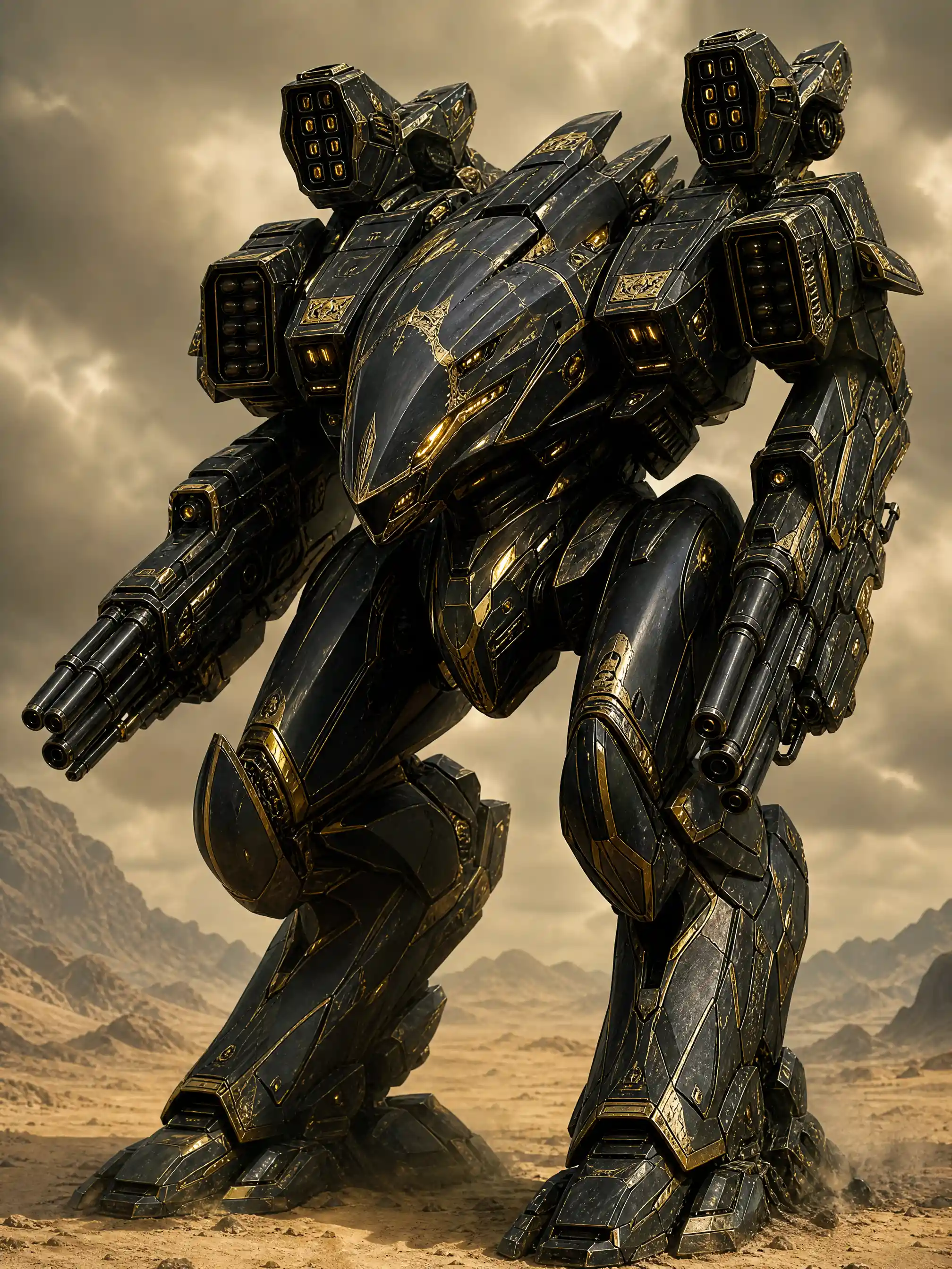 Armored alien war mech in a vast desert landscape