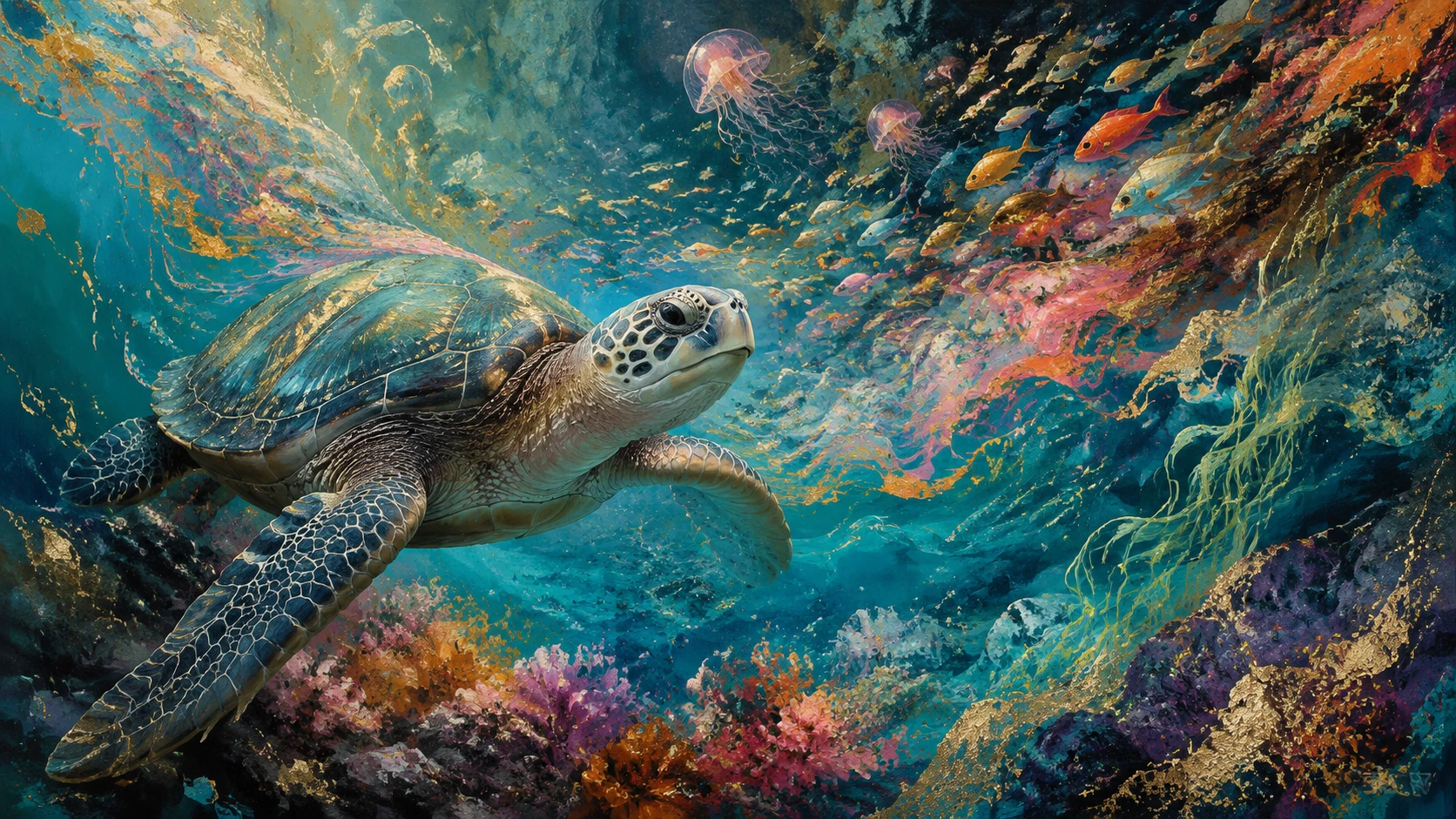 Colorful corals transforming into fish in a musical ocean