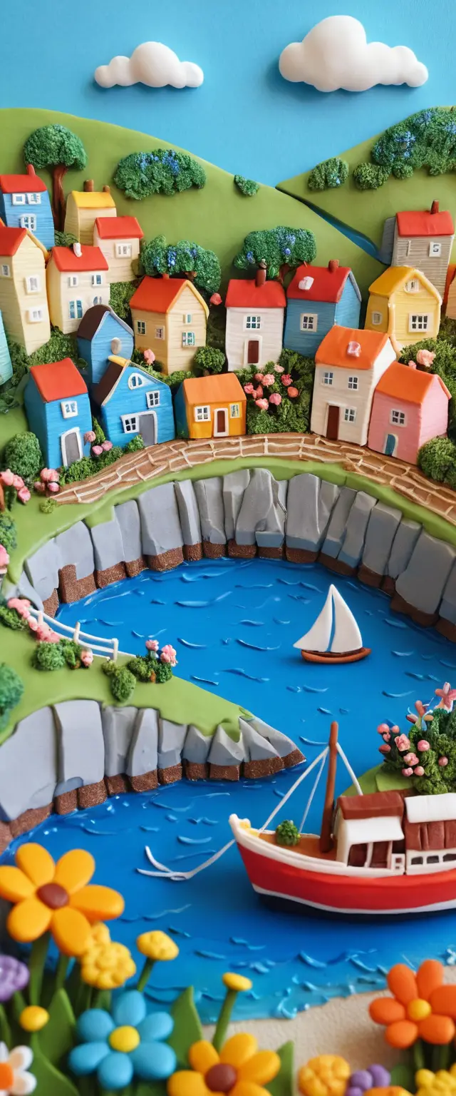 Whimsical summer view of a cozy cruise ship at sea
