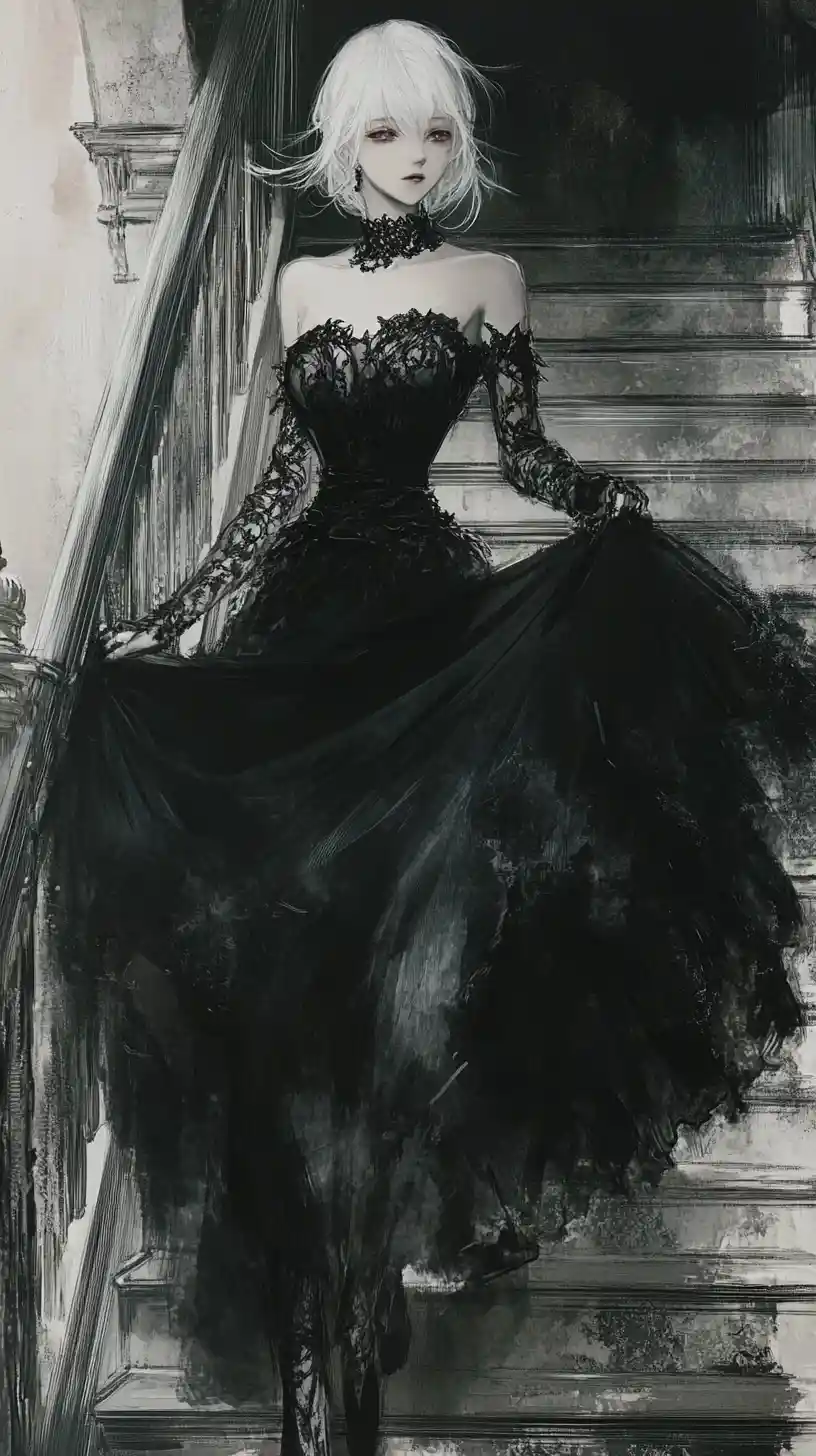 Anime girl in black dress descending a vintage staircase