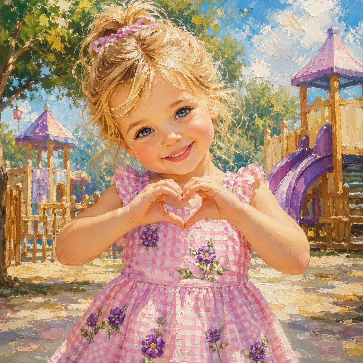 Blonde toddler girl making a heart gesture in playground