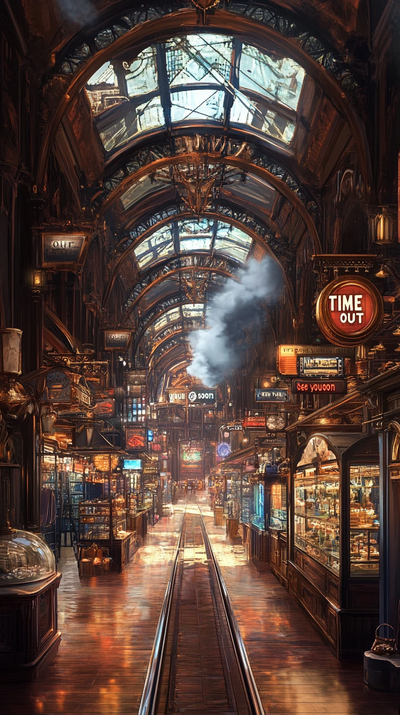Ornate steampunk corridor with shops and glowing central passage