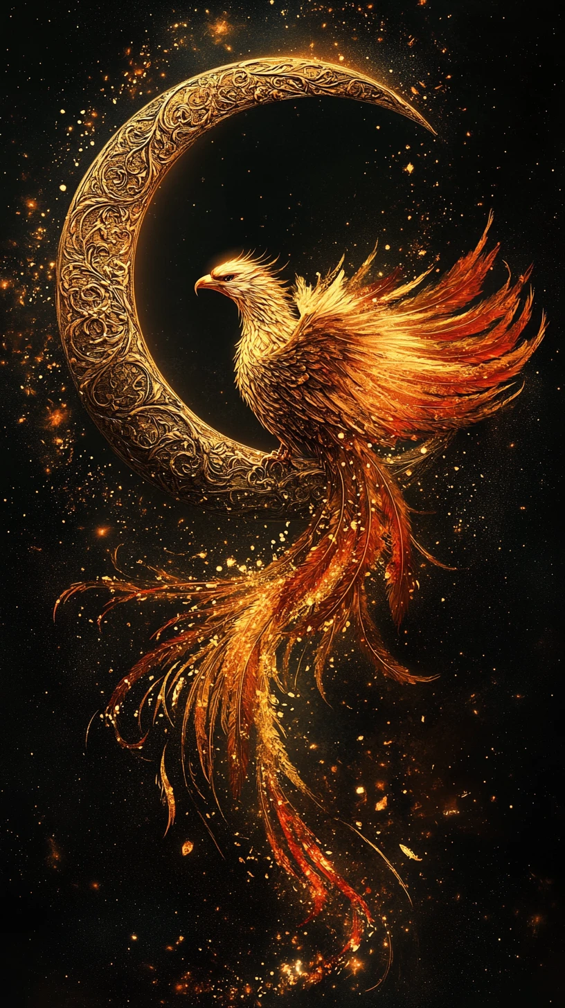 Golden crescent moon cradling a glowing phoenix in darkness