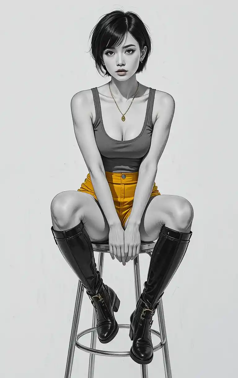 Confident woman in mustard shorts on metal stool