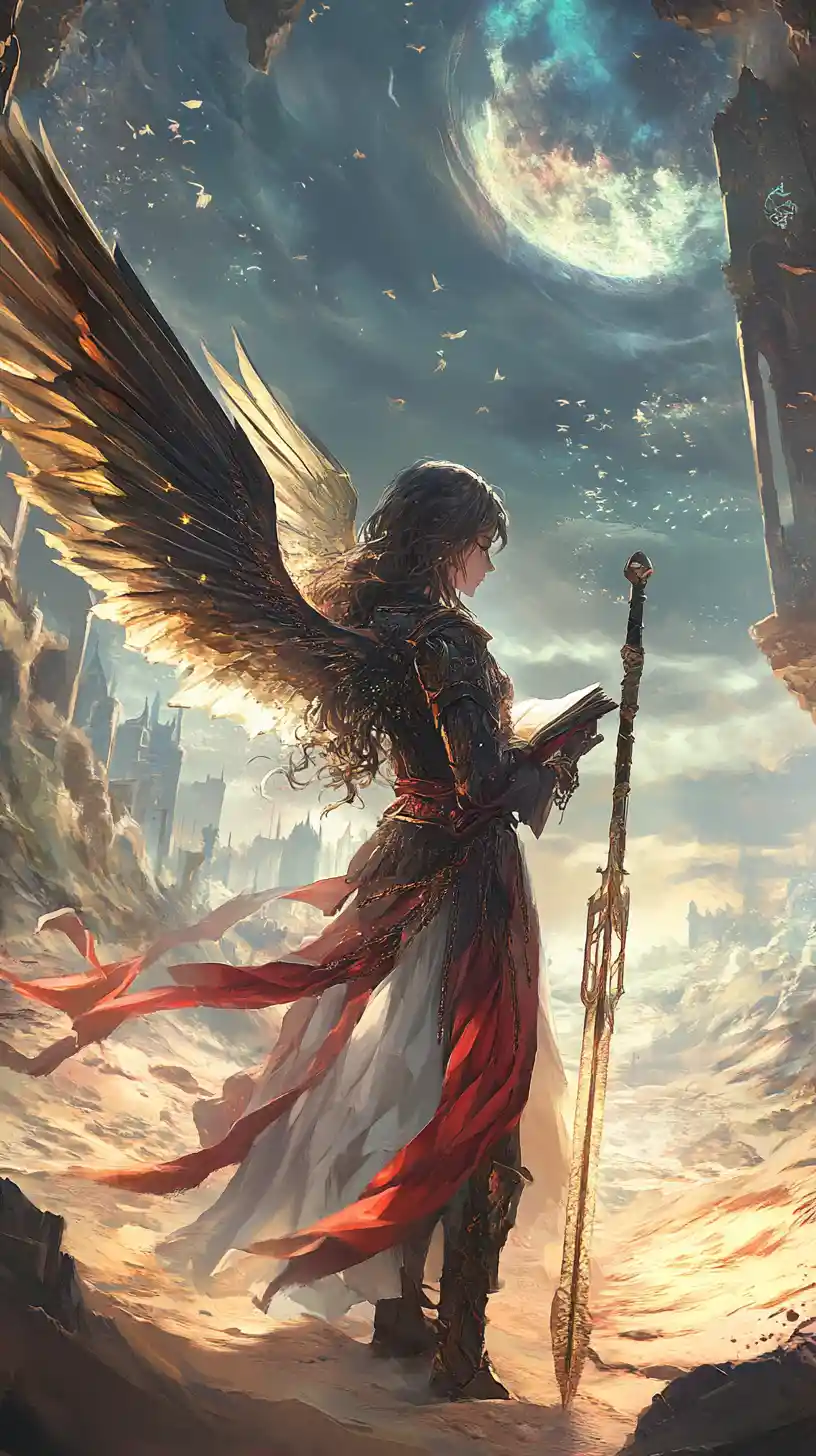 Angel winged girl with spear before desert magic castle