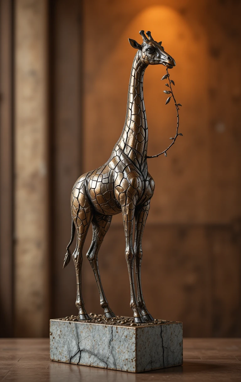 Bronze highlighted giraffe sculpture eating a tree branch