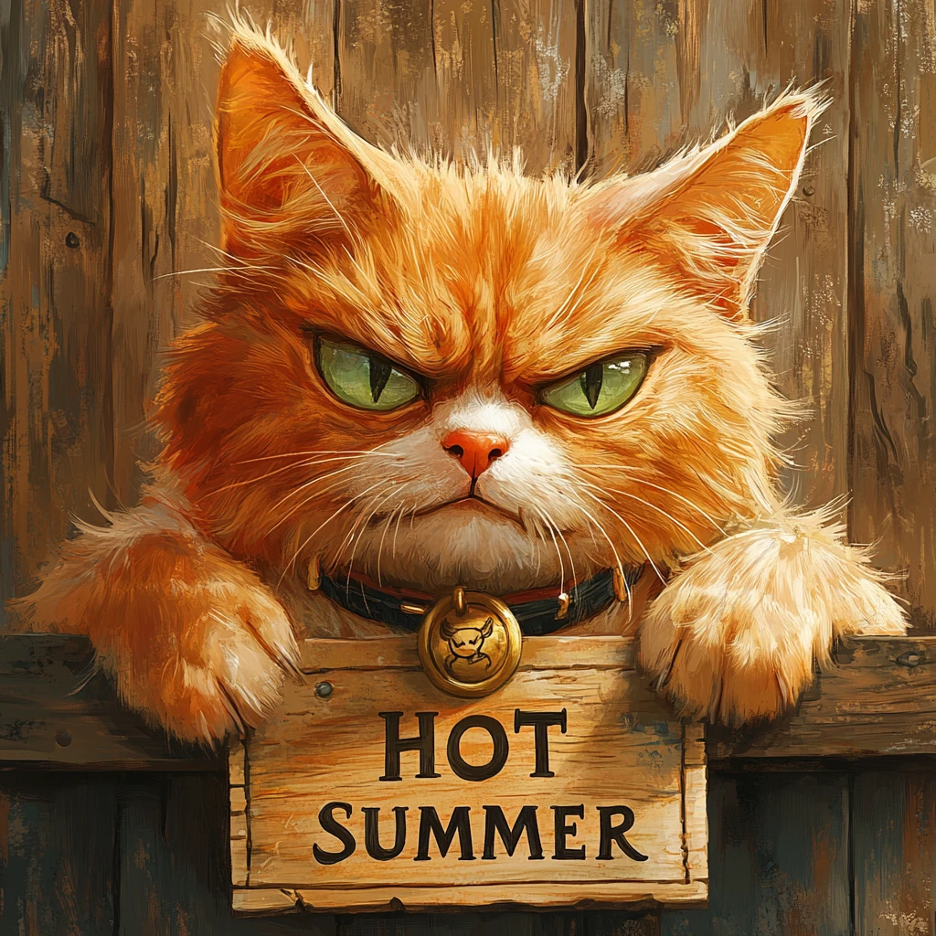 Grumpy orange cat with summer sign on rustic wood