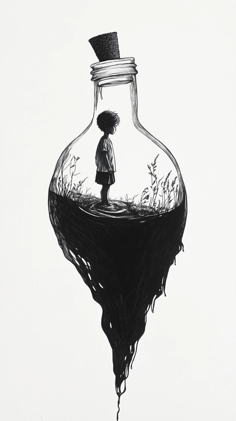 Child In A Giant Ink Bottle World With Flowing Black River