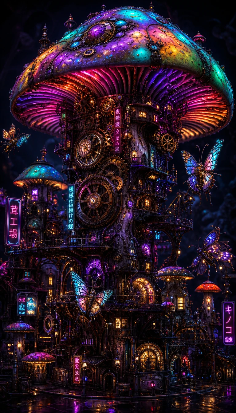Clockwork fantasy city inside a glowing giant mushroom