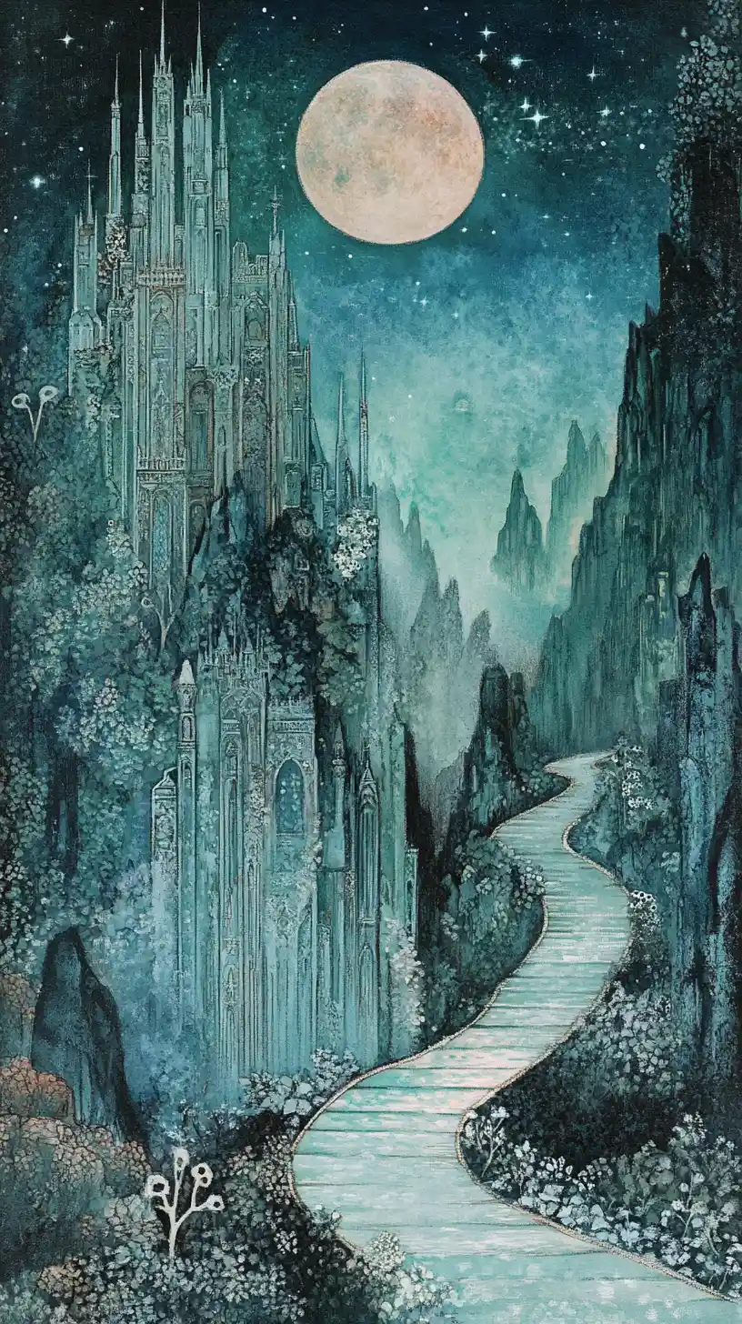 Ethereal fantasy wedding procession on road to high castle