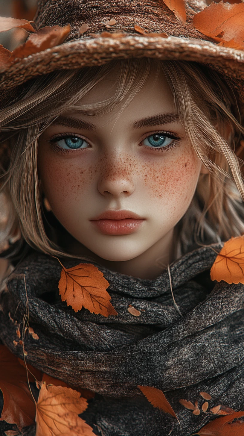 Ragazza anime malinconica con mantello autunnale logoro in primo piano