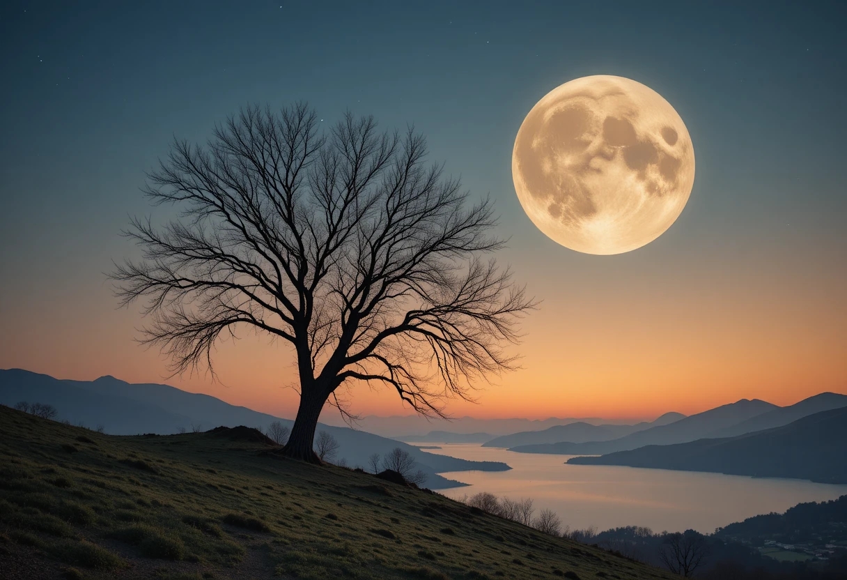 Leafless tree under giant moon above calm lakeside hills