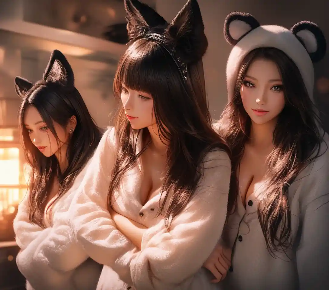Three Japanese women in playful animal pajamas on bed