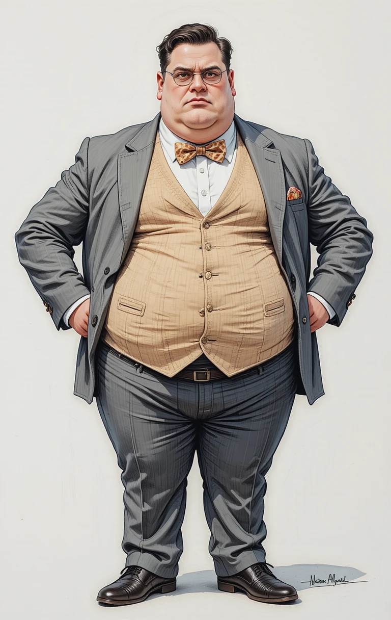 Stern overweight man in formal suit on white background