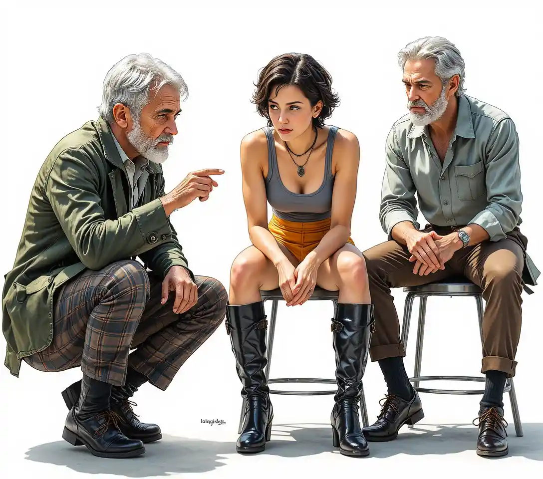 Elderly men in deep conversation in a watercolor scene
