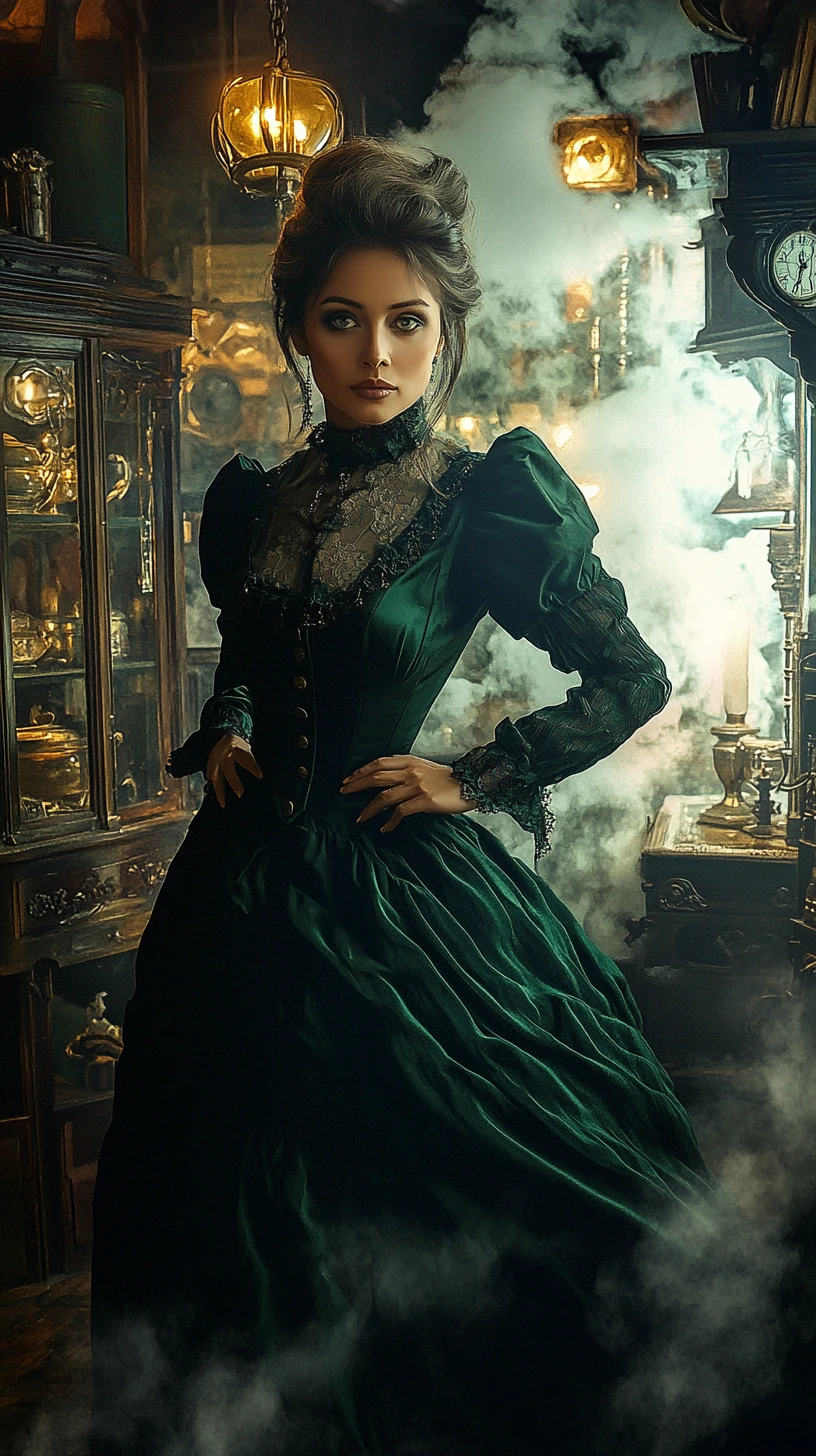Ghostly Victorian woman in green dress in antique shop