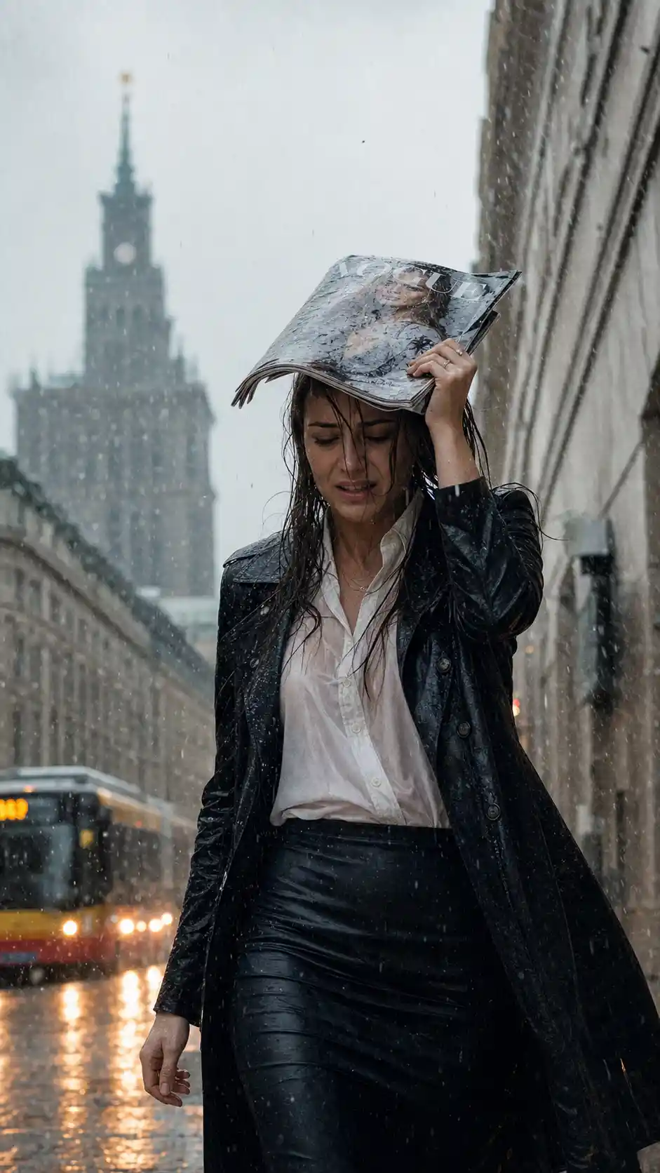 Woman with magazine in the rain on a Warsaw city street