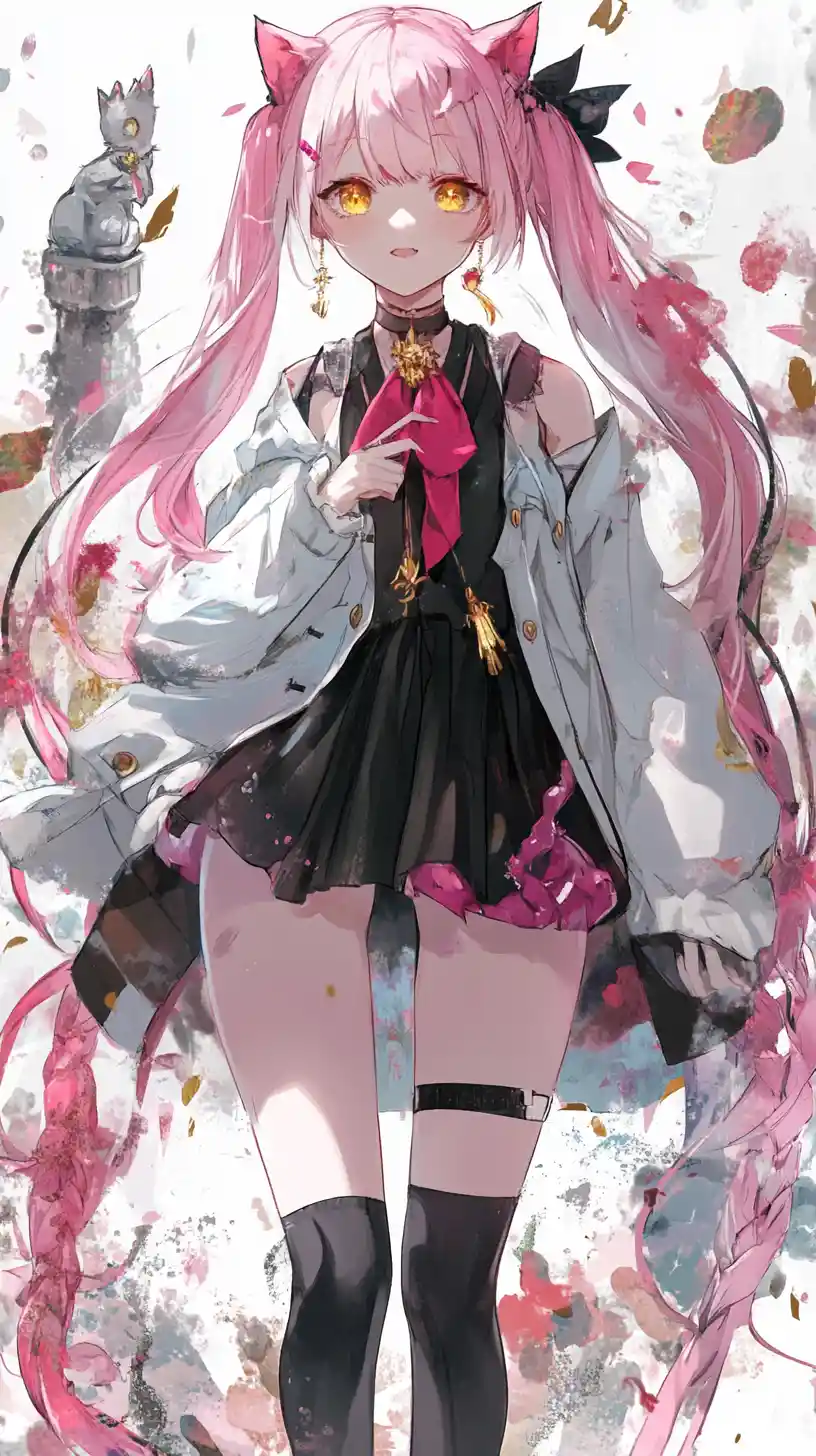 Anime girl in stylish outfit with pink hair and cat blouse