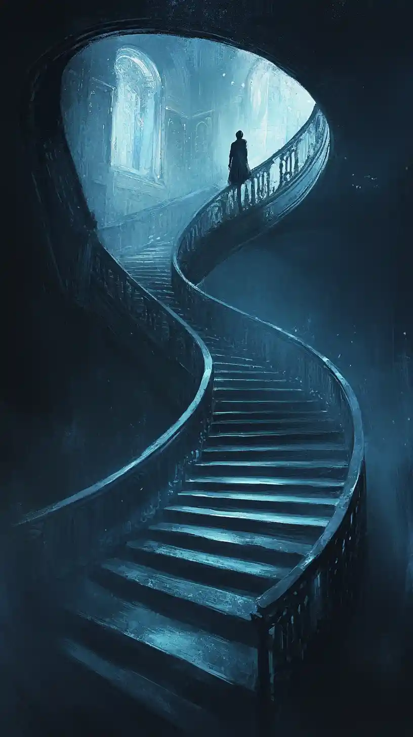 Person on spiral staircase in soft melancholic light