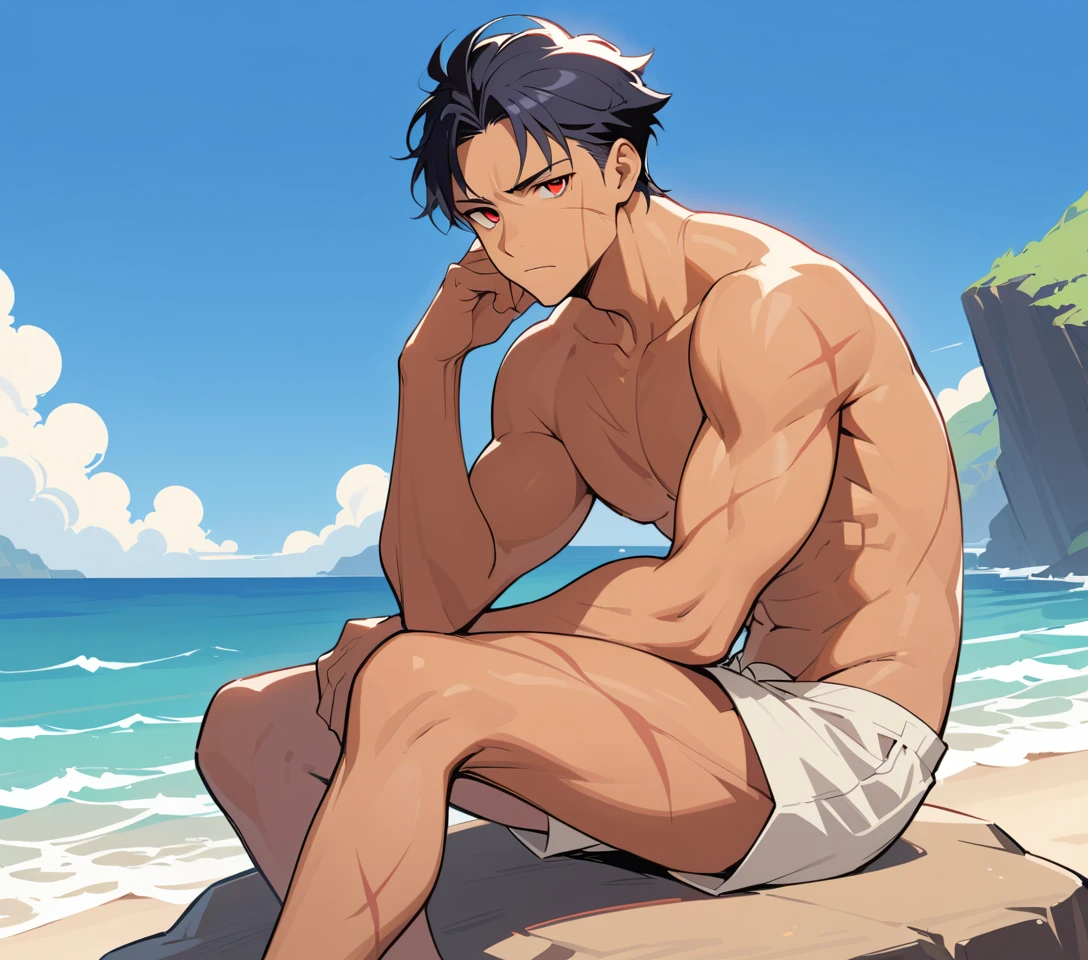 Scarred muscular man sitting on a rock by the sea