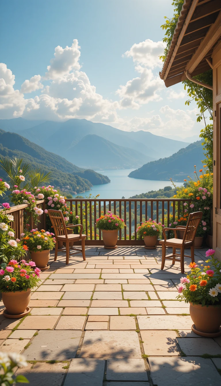 Sunlit summer terrace with rustic furniture and lake view