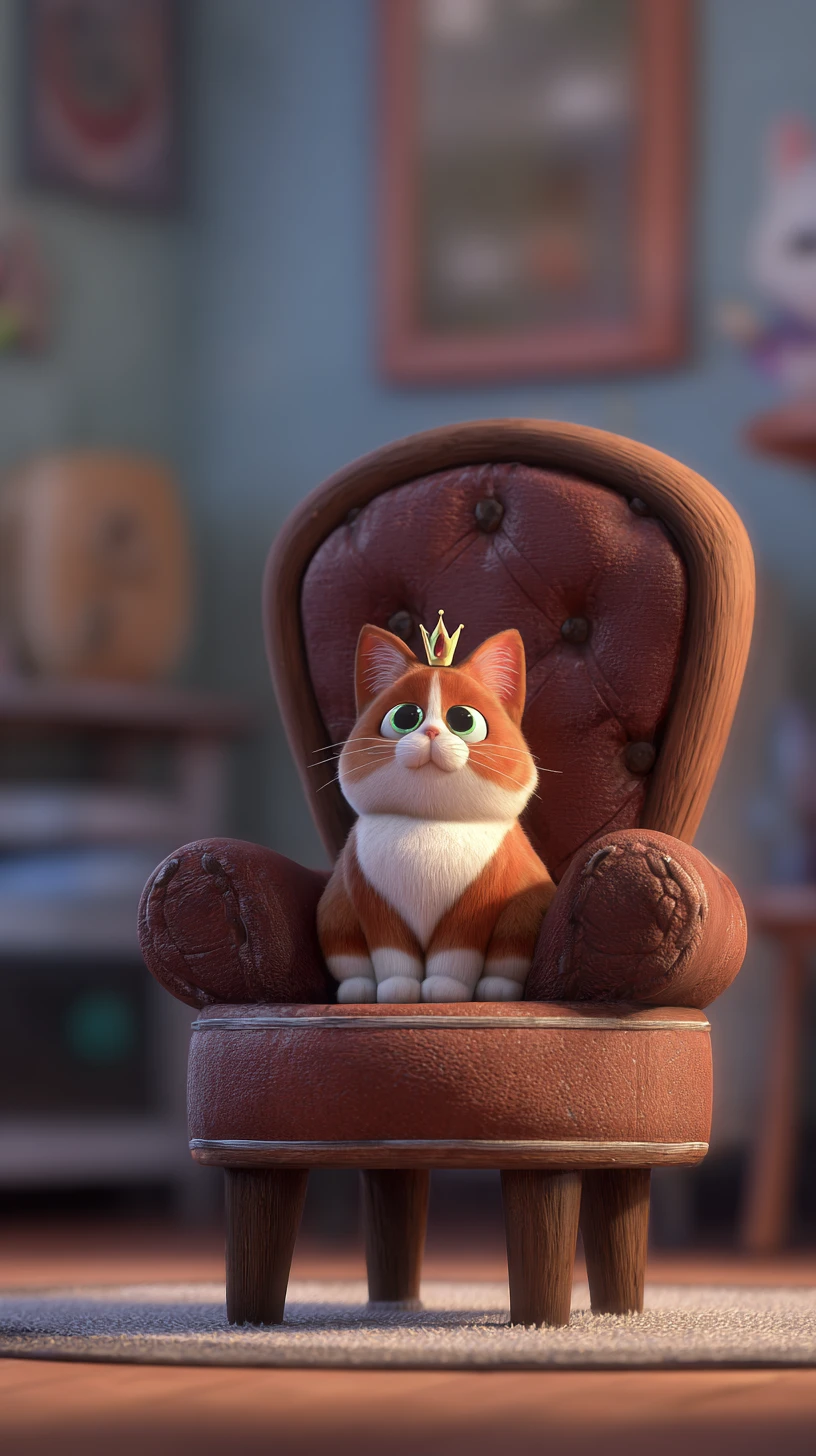 Cute cat sitting like a tiny boss in a toy chair