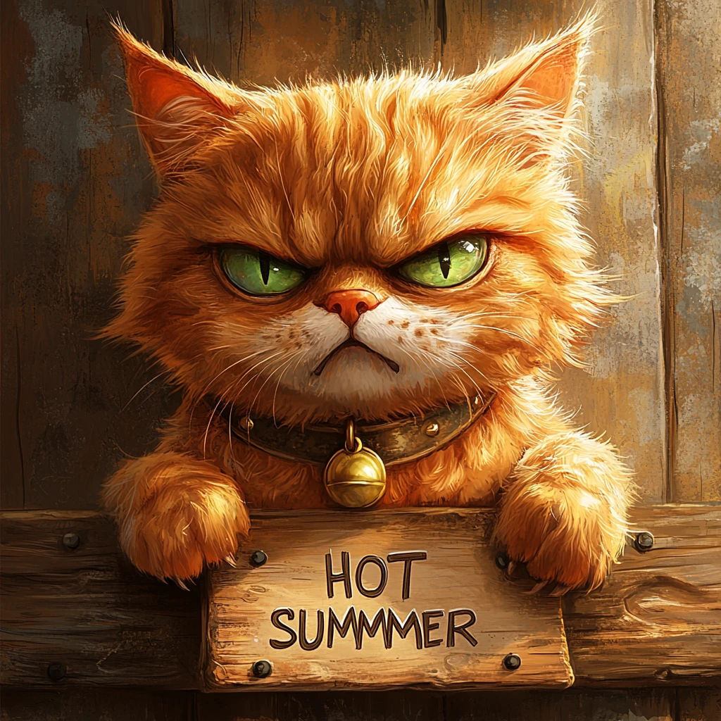 Grumpy orange cat with hot summer wooden sign