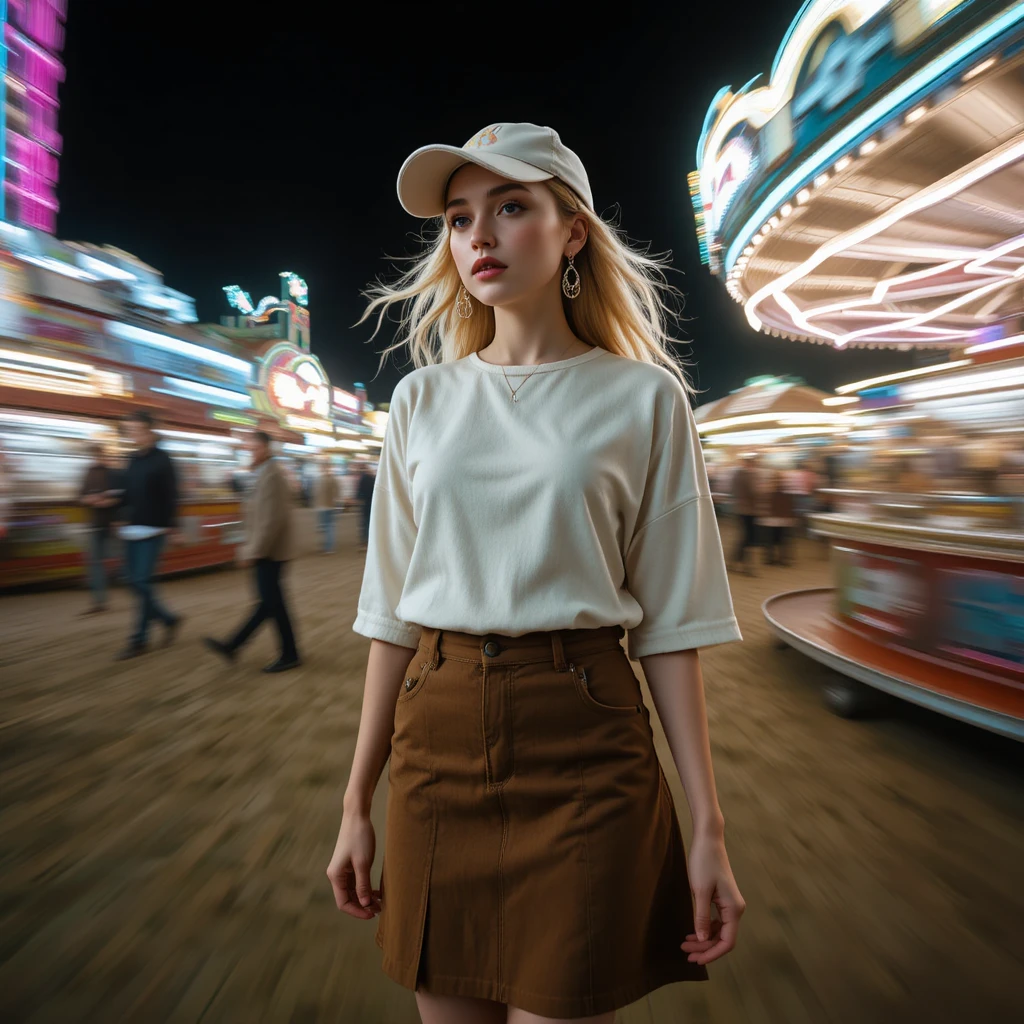 Blonde woman in brown skirt at a lively fun fair