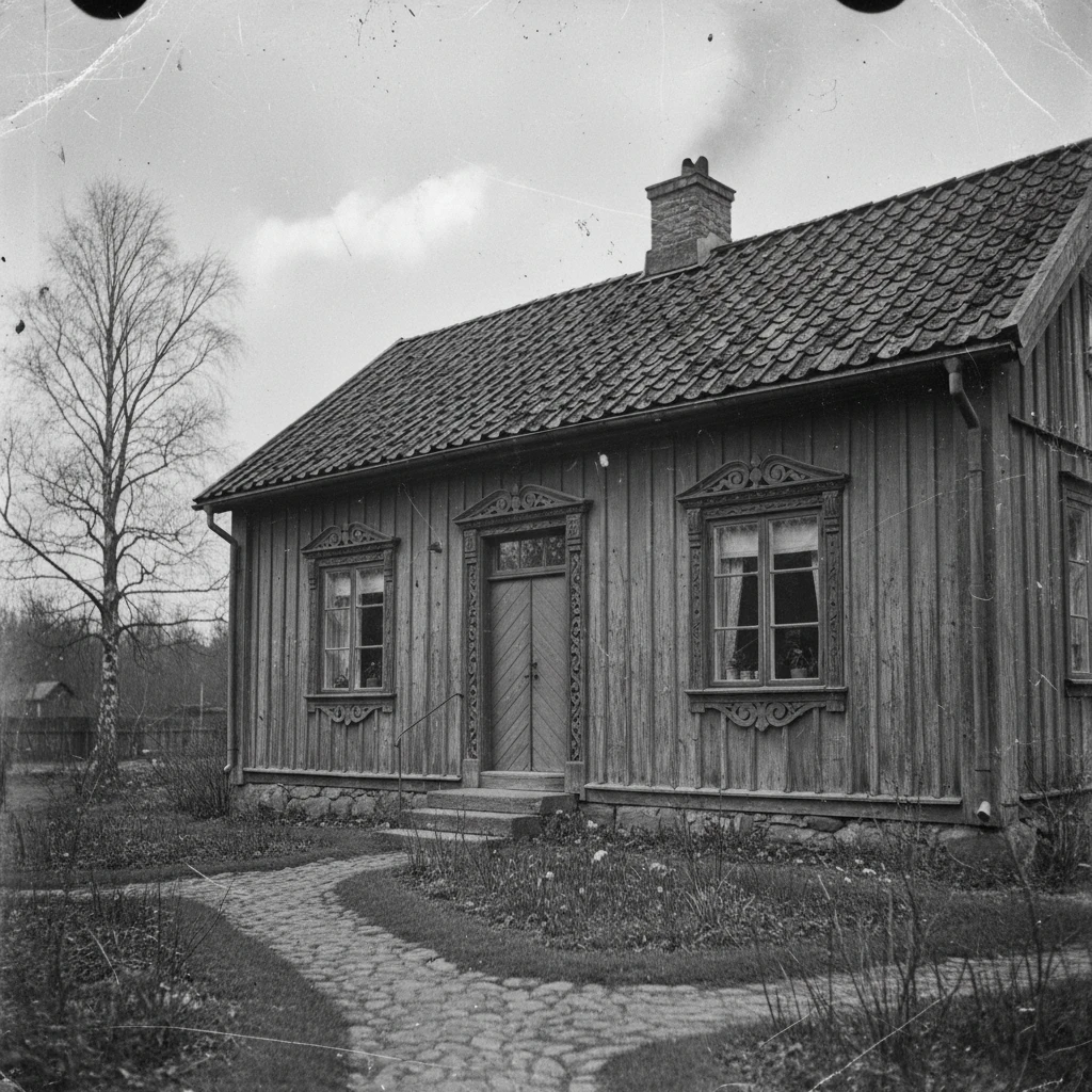 Vintage Swedish wooden house with weathered rustic facade