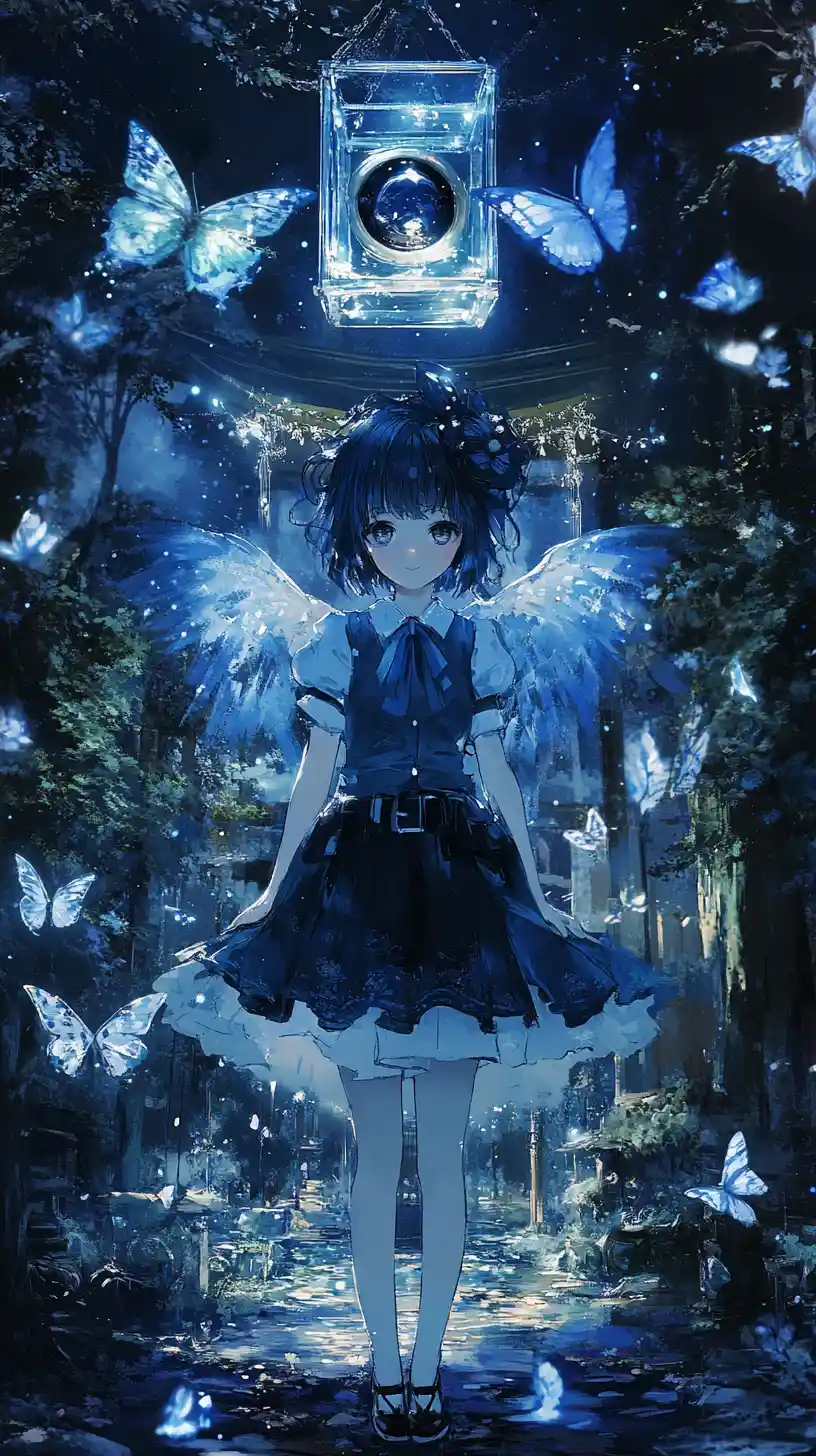 Anime girl at a Japanese temple with night fireworks