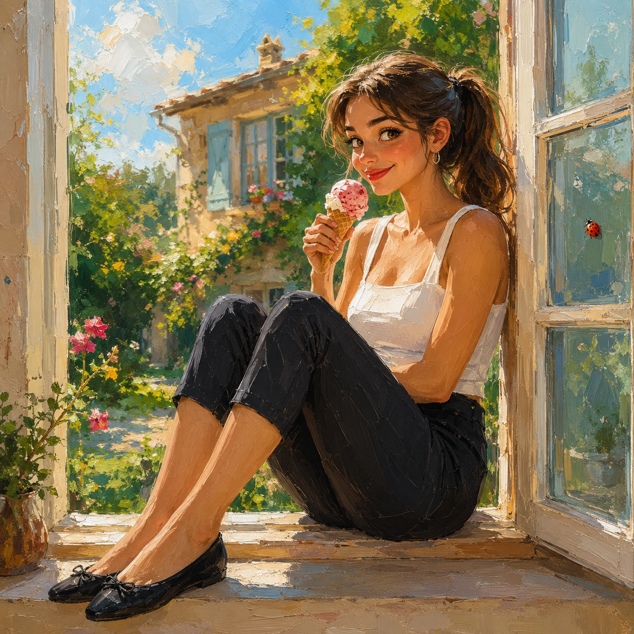 Girl eating strawberry ice cream on a sunny window ledge