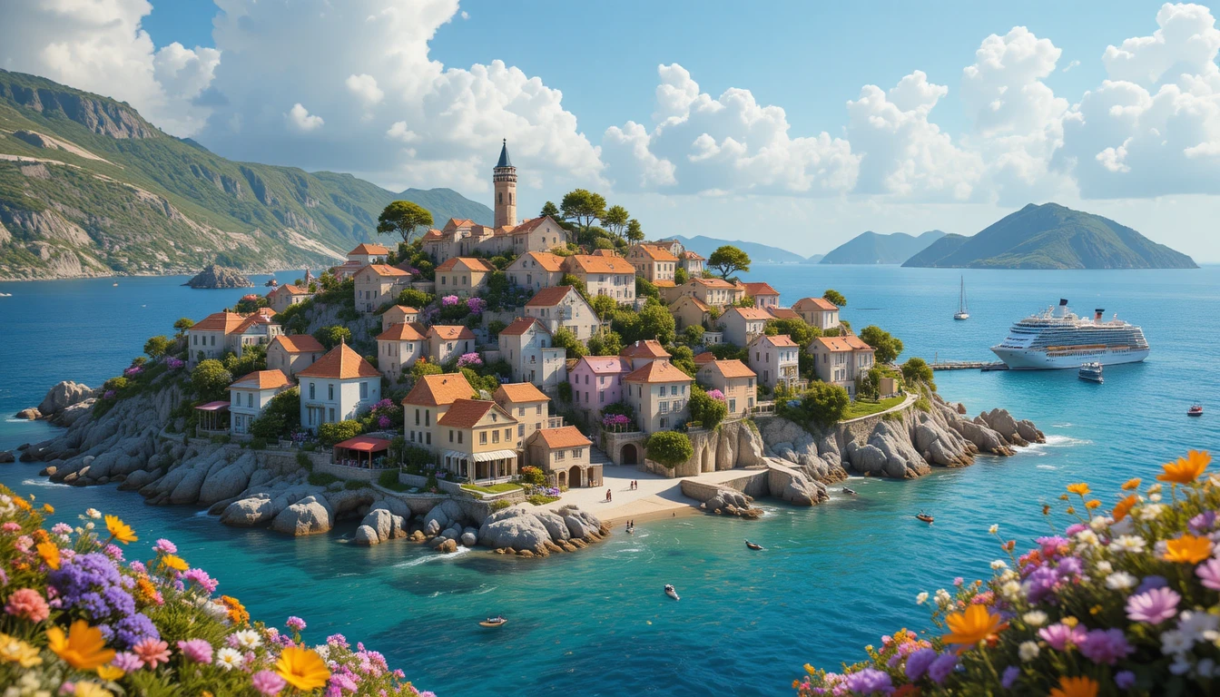 Whimsical summer village by the ocean in claymation style