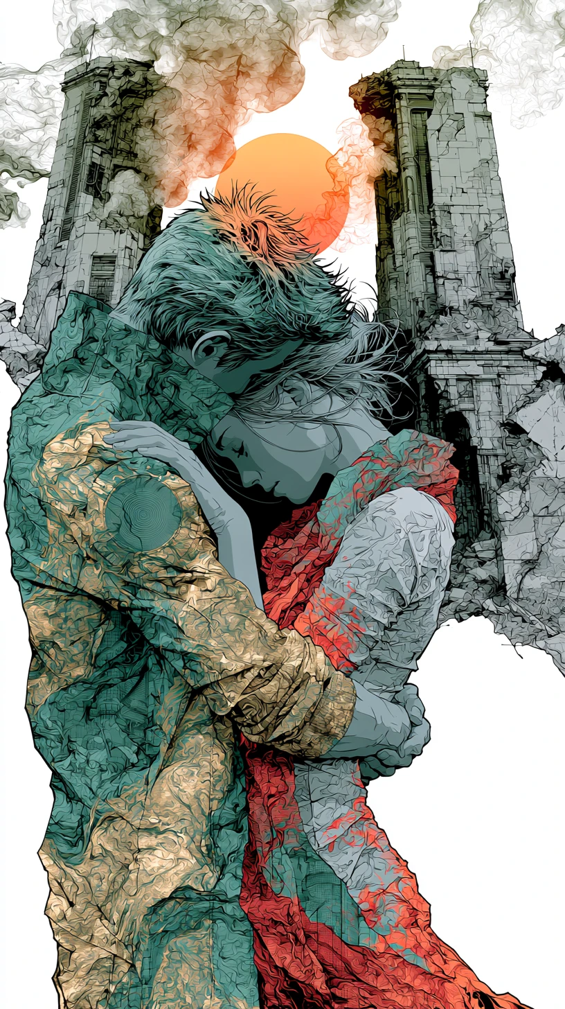 Romantic Couple Embracing In A Futuristic Ruined City