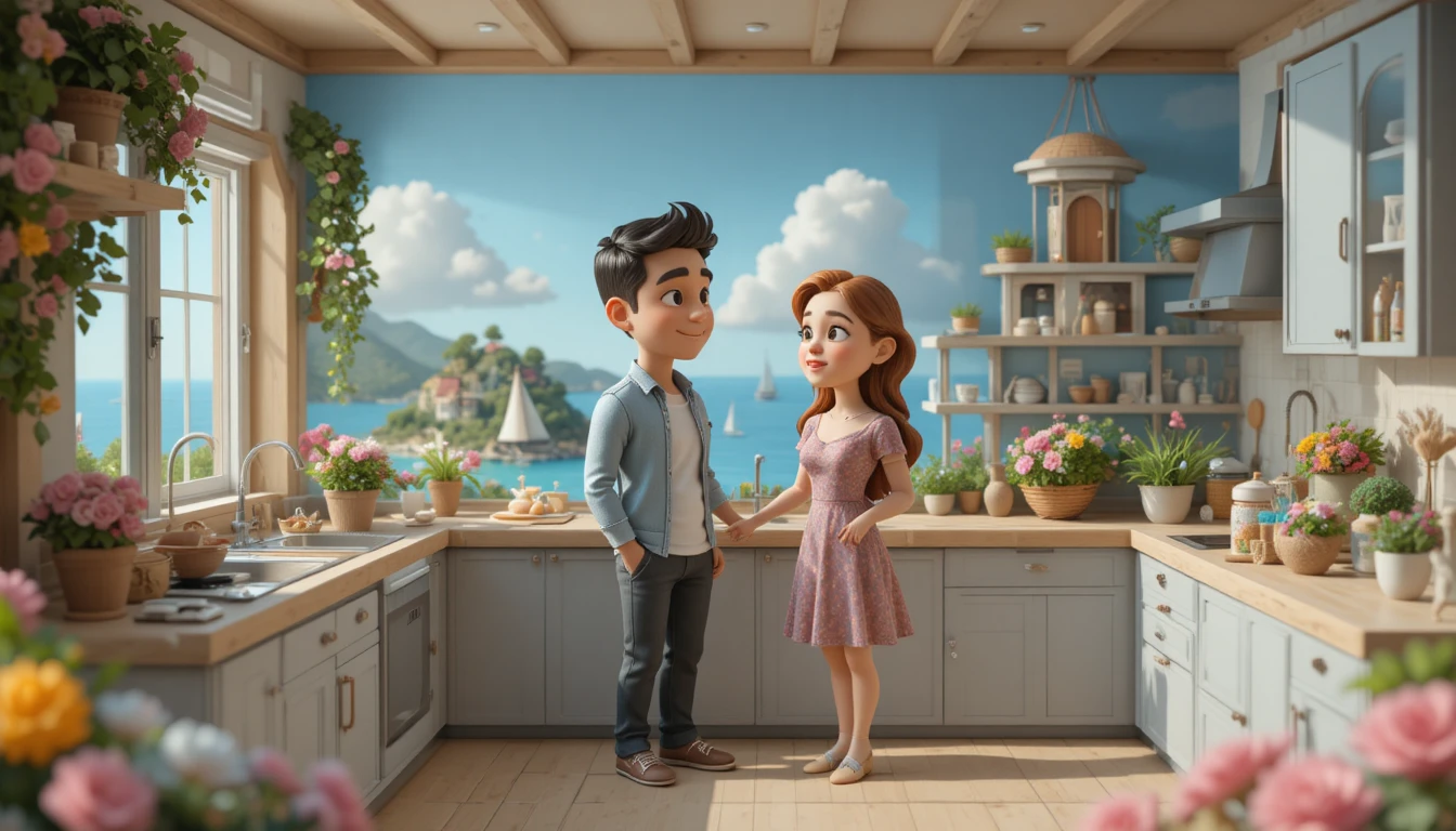 Whimsical clay couple in a minimalist French kitchen interior