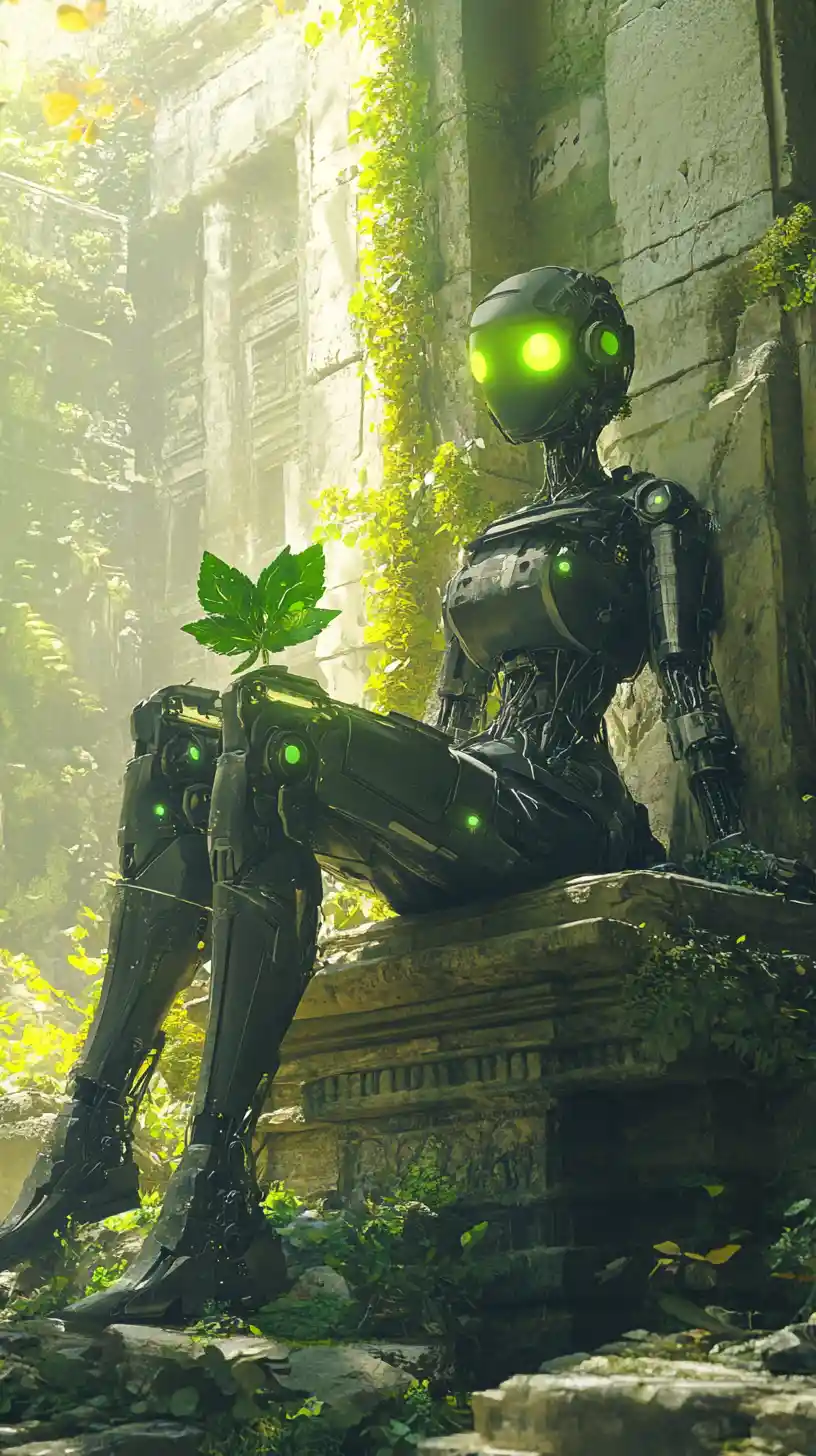 Cyborg woman on a mossy stone throne in ancient temple