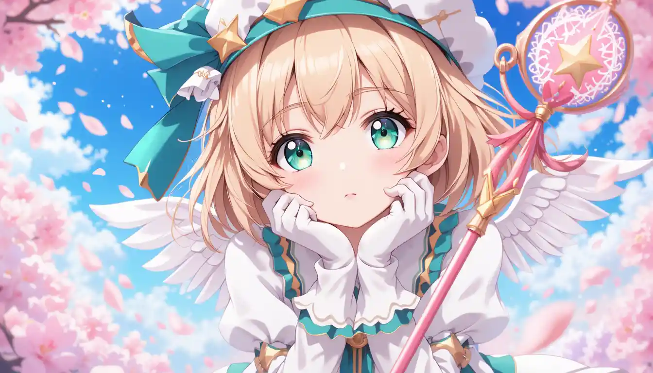 Magical anime girl with sakura petals in blue sky