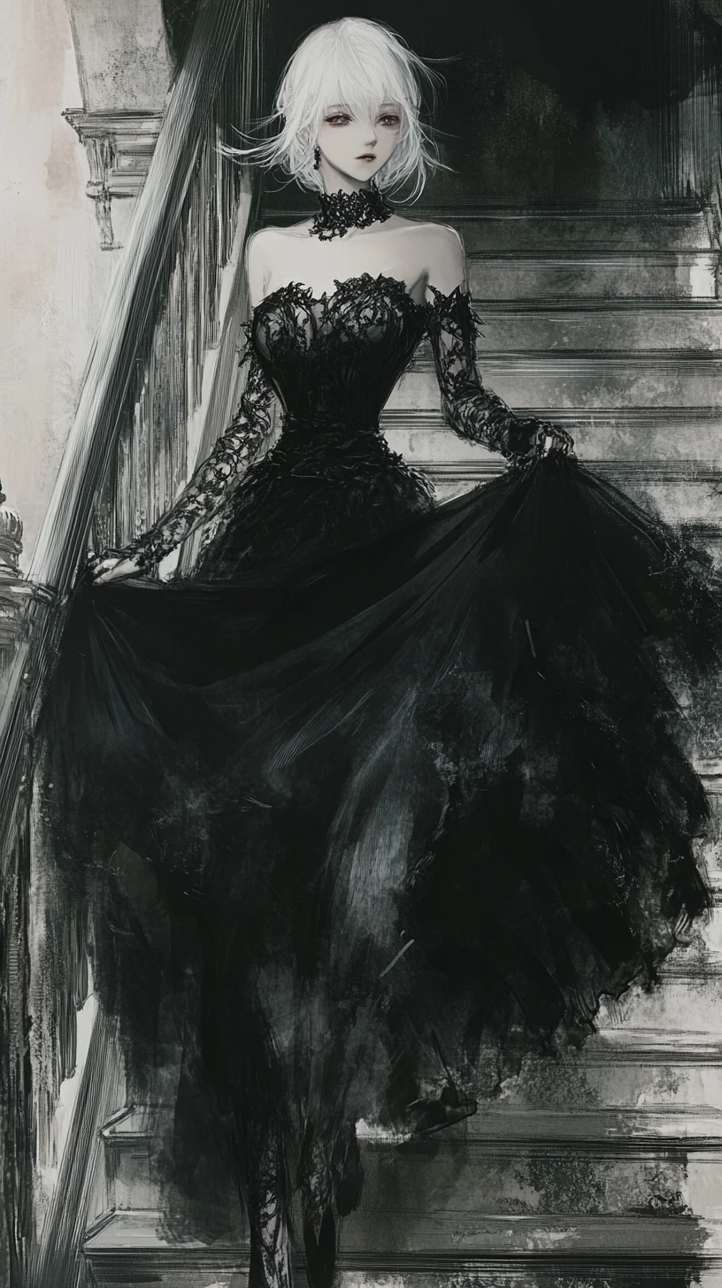 Anime girl in black dress descending a vintage staircase