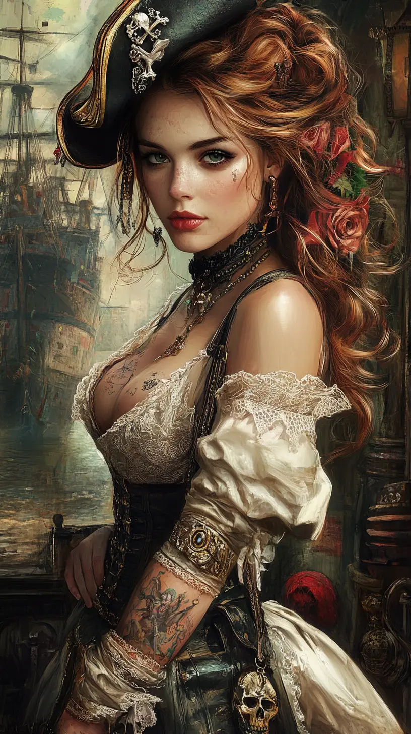 Elegant female pirate in a Victorian London street