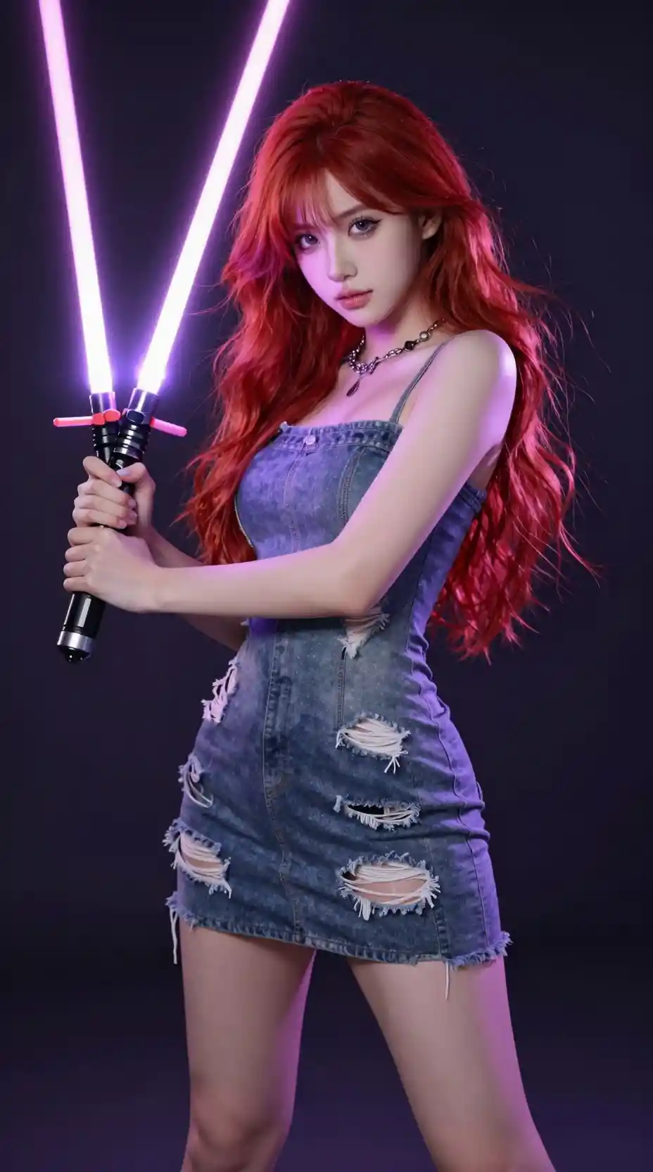 Red haired anime girl posing with glowing lightsaber