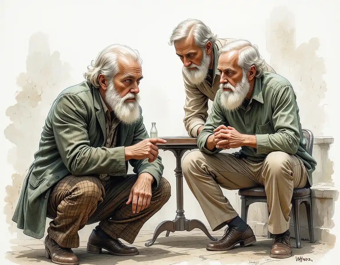 Three elderly men in thoughtful conversation watercolor painting