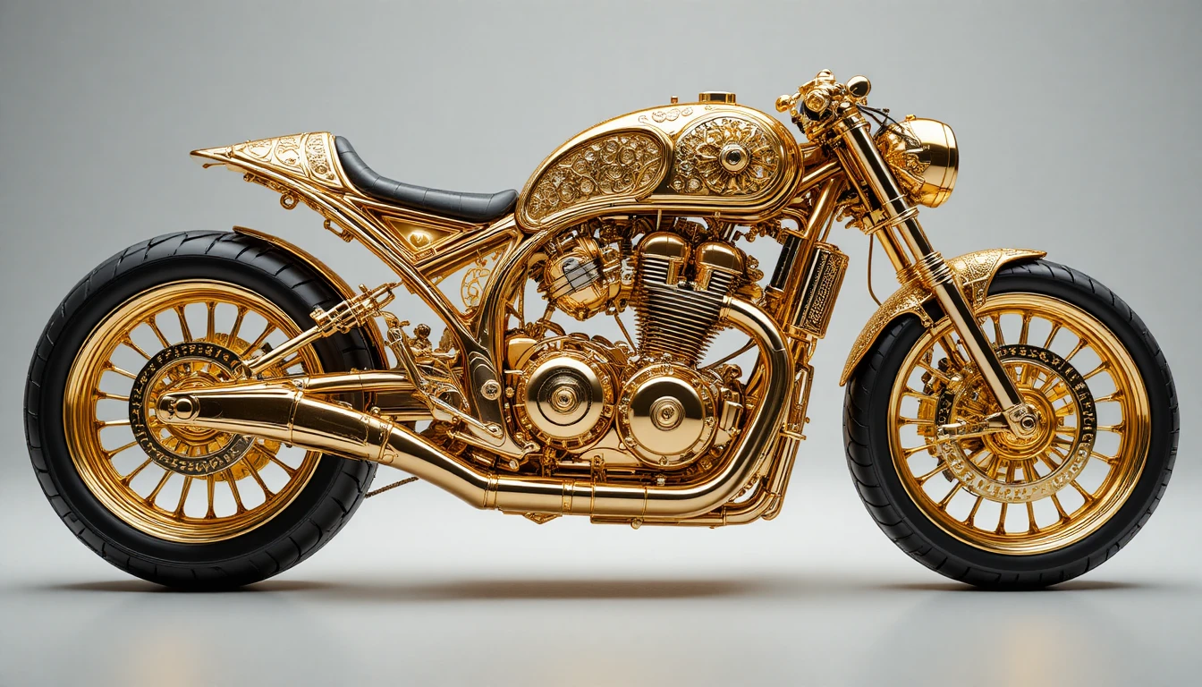 Golden custom cafe racer motorcycle with glowing jewels