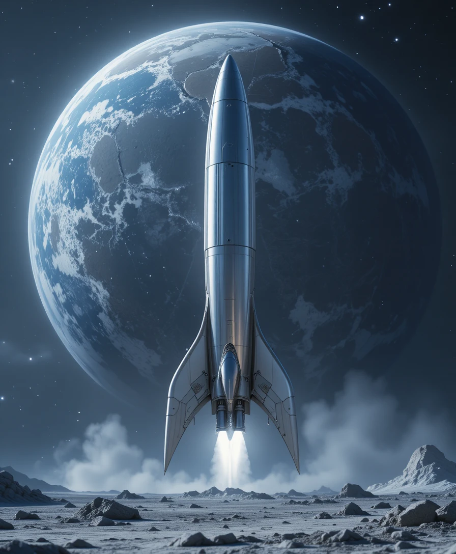 Sleek silver rocket standing on the moon with Earth behind