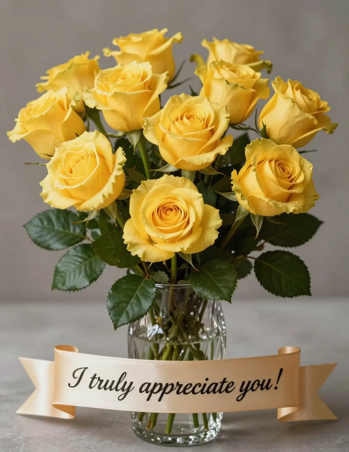 Golden roses in crystal vase with grateful message banner