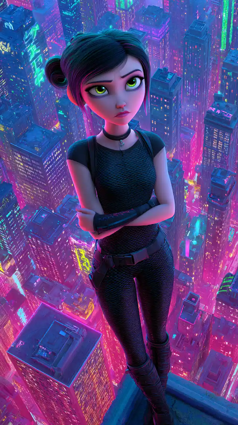 Cyberpunk woman overlooking a neon futuristic cityscape