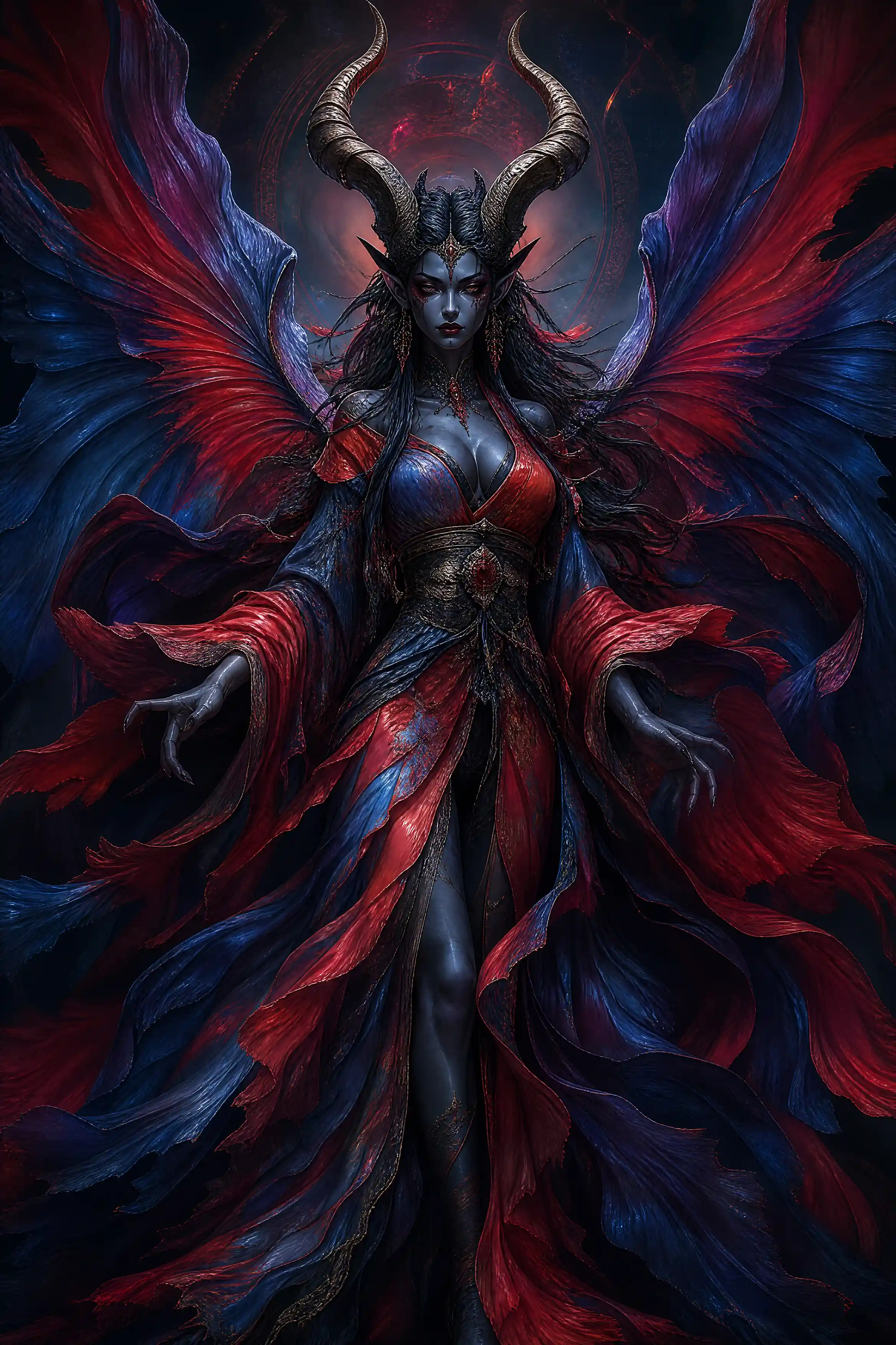 Gunmetal demoness in flowing betta inspired silk kimono