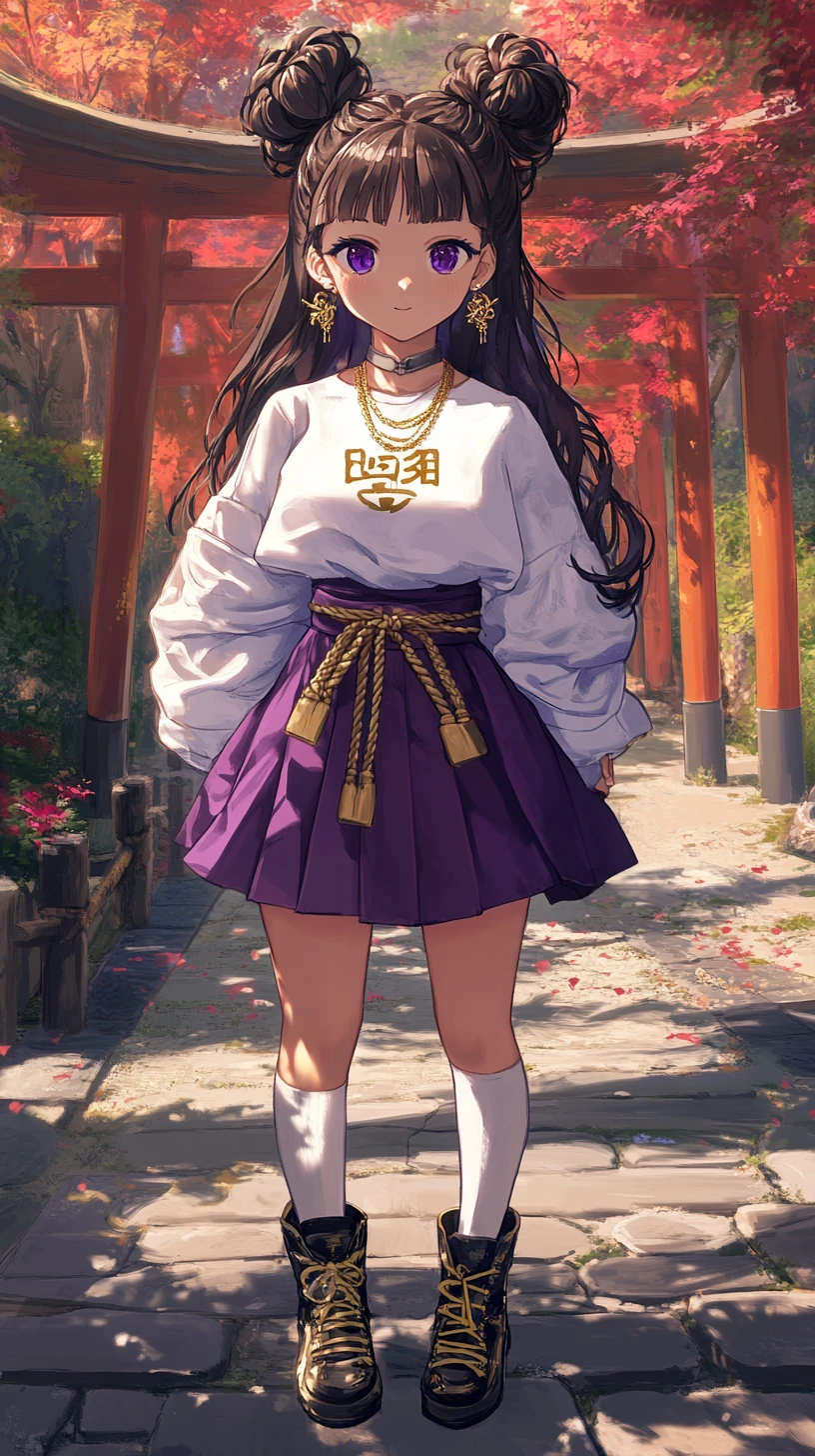 Anime girl in purple dress with fluffy bun and jacket