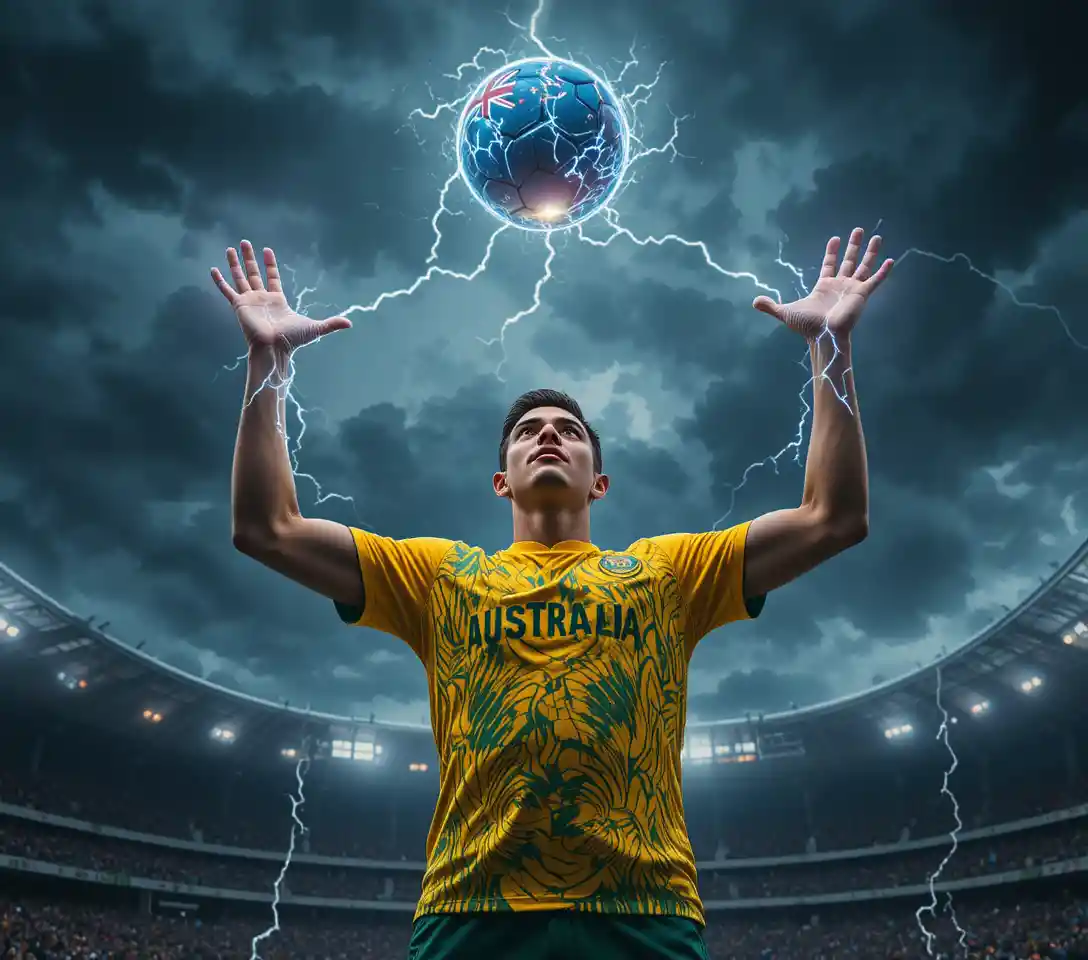 Australian soccer player under stormy sky with electric ball